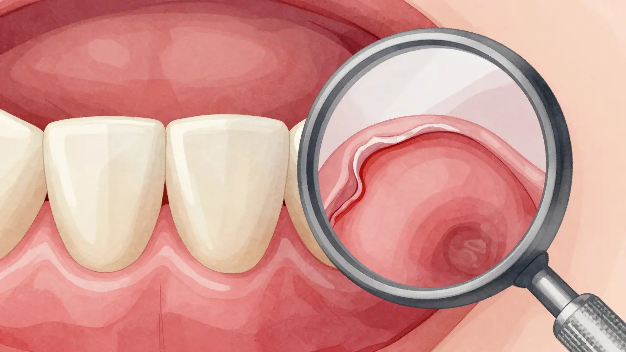 Porovnání zdravých a zánětlivých dásní viděných přes dentální zrcátko.