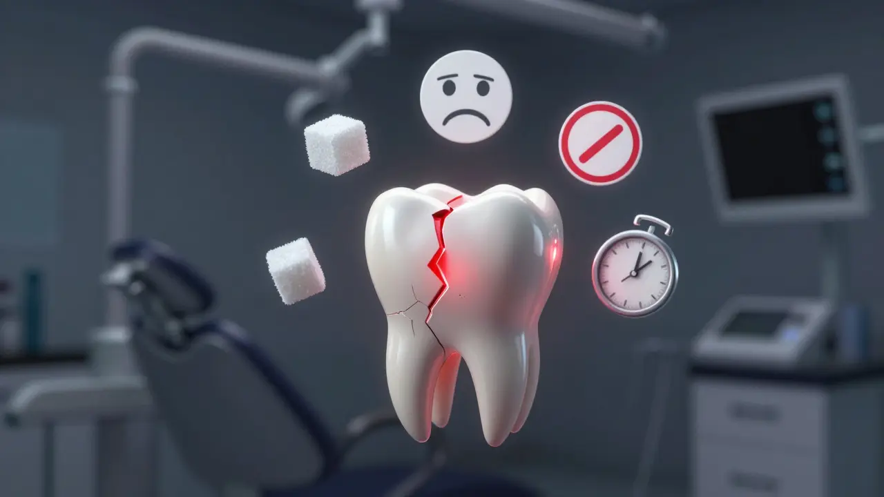 Prasklý přední zub s červeným jádrem, kolem něj symboly cukru, stresu, cukrovky a hodin.
