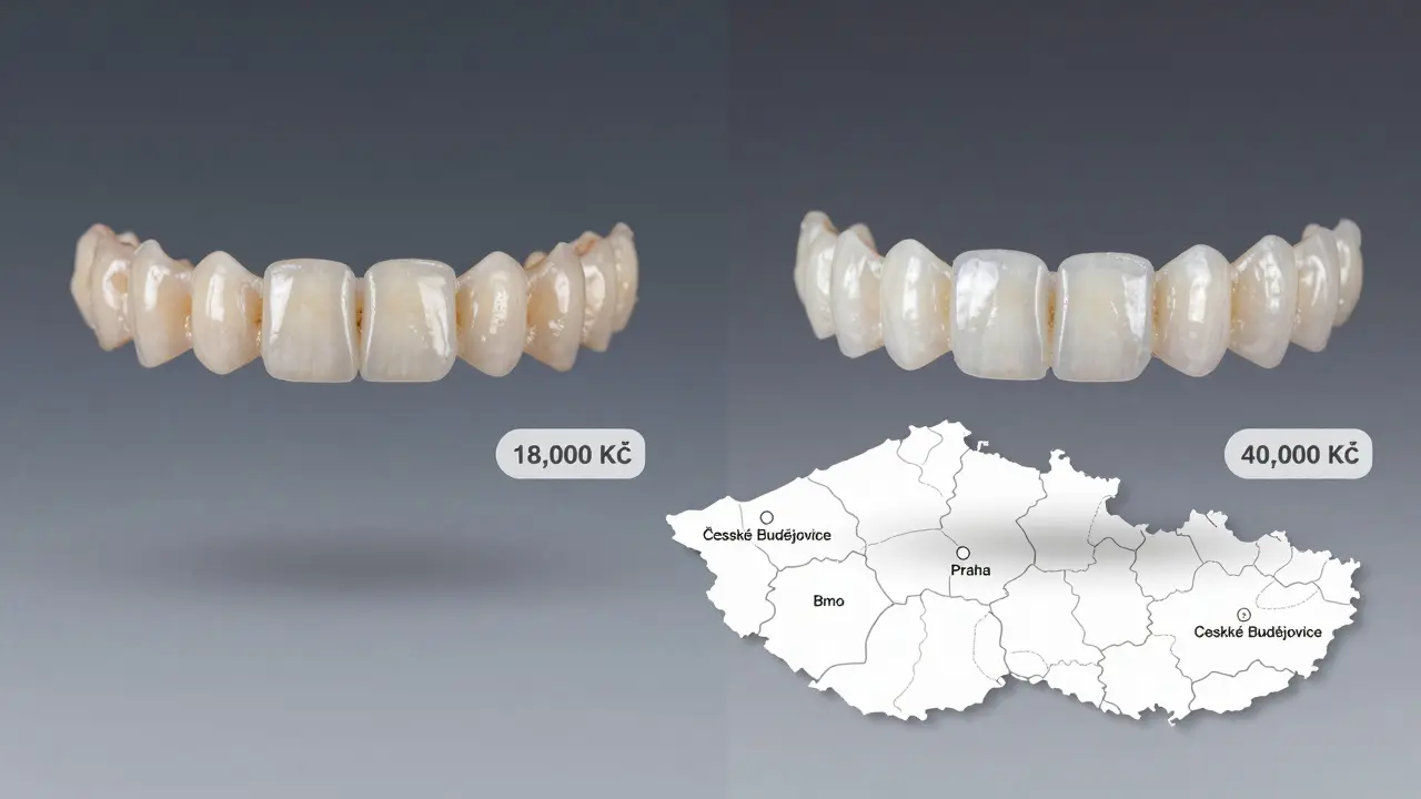 Před a po transformaci úsměvu: poškozené zuby naproti lesklým kompozitním fazetám s cenovými značkami a mapou České republiky.