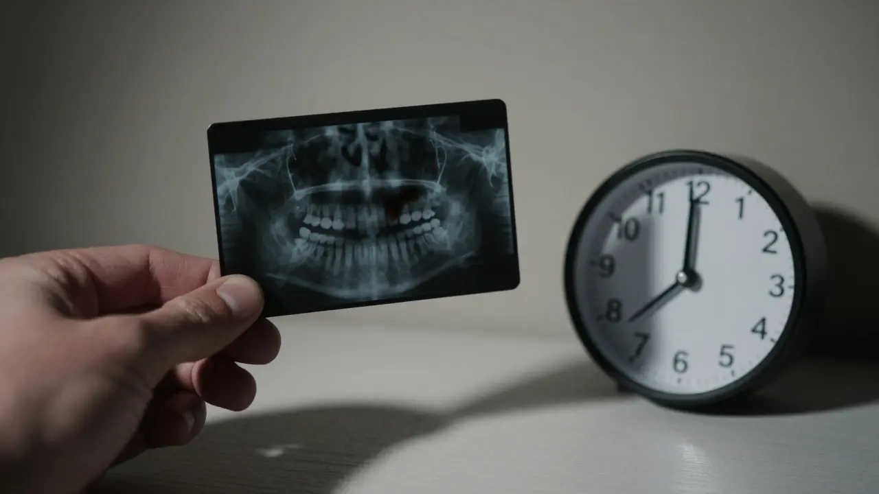Rentgenový snímek zubu s tmavou oblastí u kořene a hodiny ukazující 2 týdny.