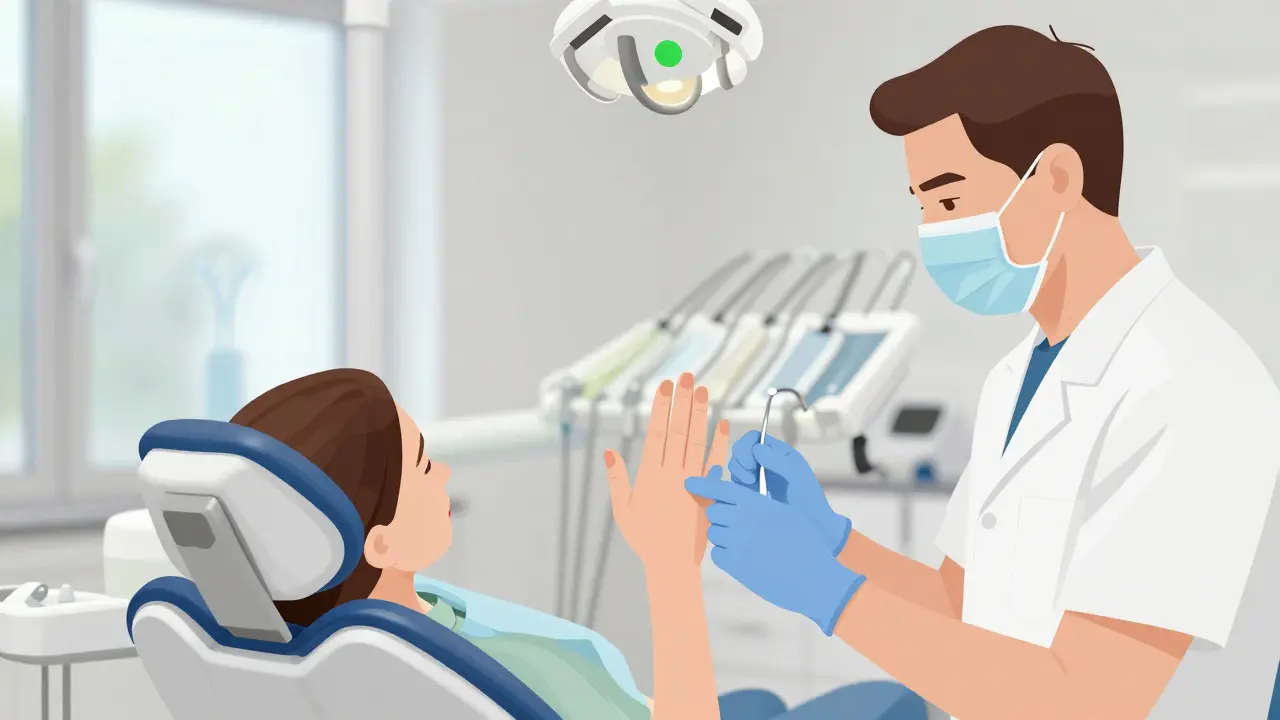 Ruka pacienta zvedнутá jako signál k zastavení léčby, lékař okamžitě reaguje.