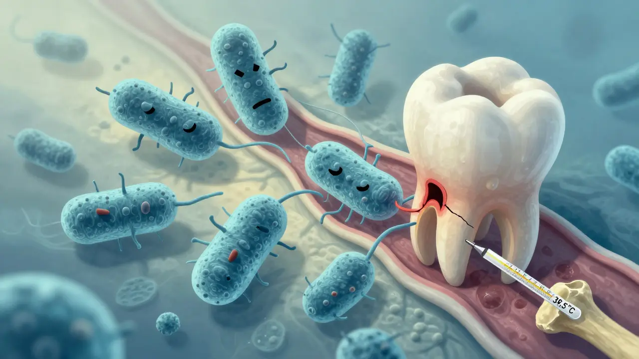 Schematický obrázek šíření bakterií z jamky po vytržení zubu do kosti a krve.