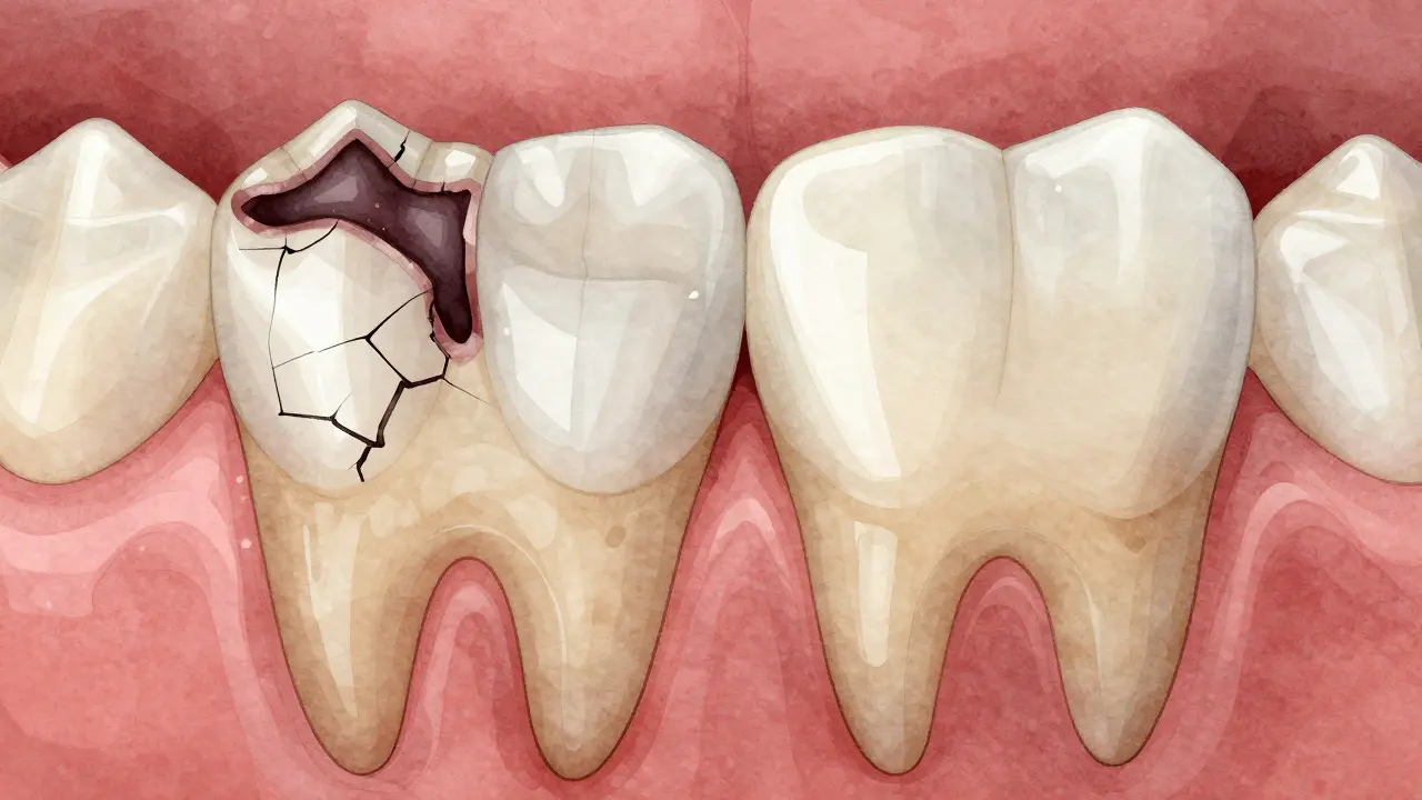 Side-by-side comparison of a decayed tooth and the same tooth restored with natural-looking filling.