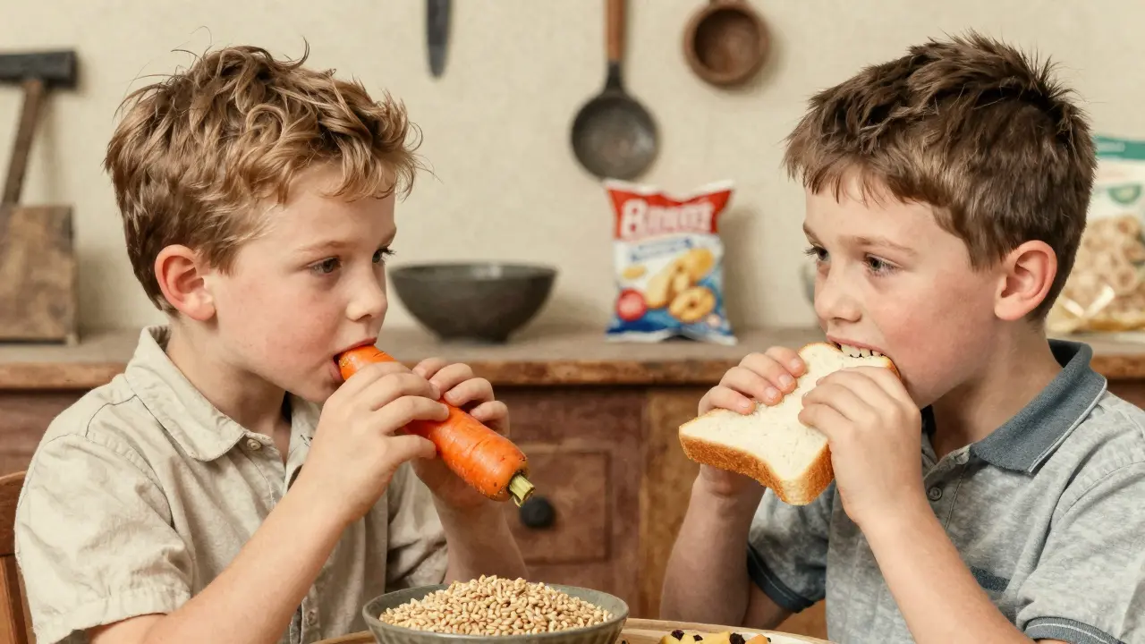 Srovnání dítěte z minulosti s tvrdou stravou a dnešního dítěte s měkkou stravou, viditelný rozdíl ve vývoji čelisti.