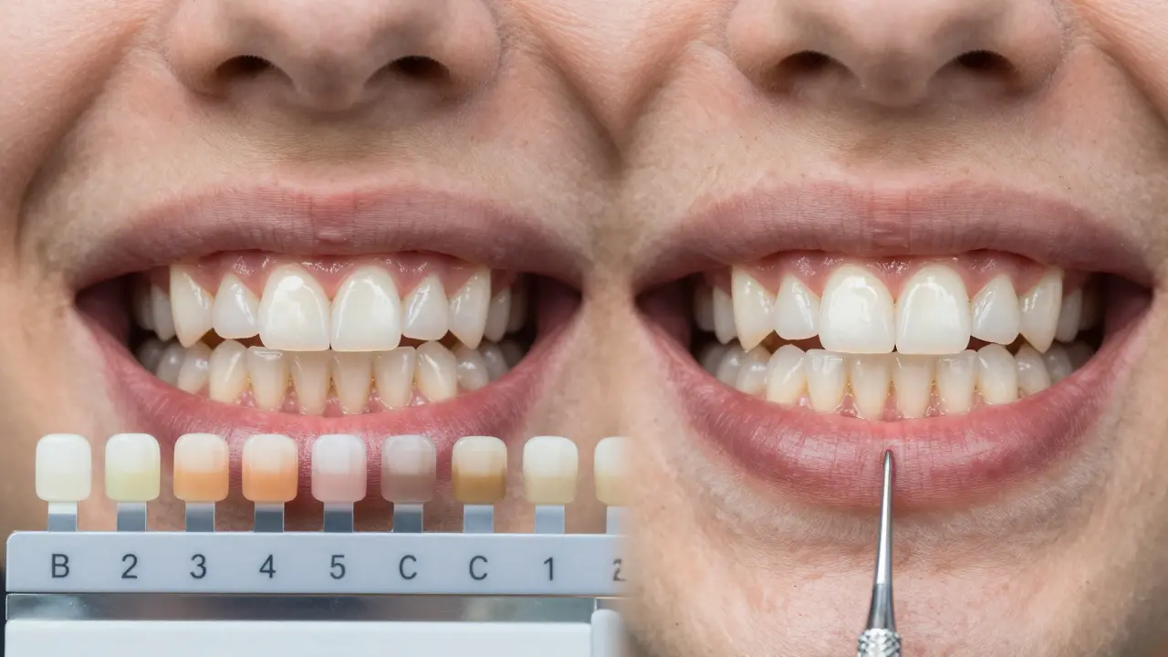 Srovnání zubů před a po profesionálním bělení s odstíny na zubní škále.