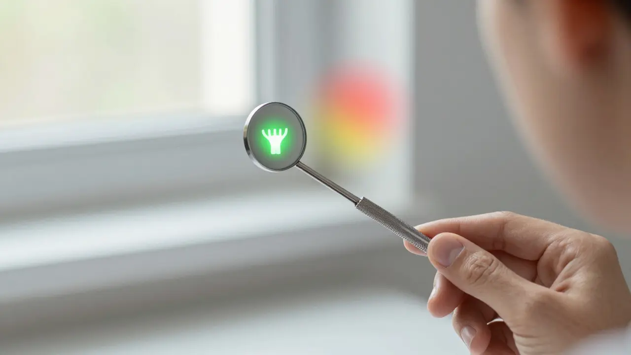 Symbolický obraz zdravých a zánětlivých dásní v odrazu dentálního zrcátka.