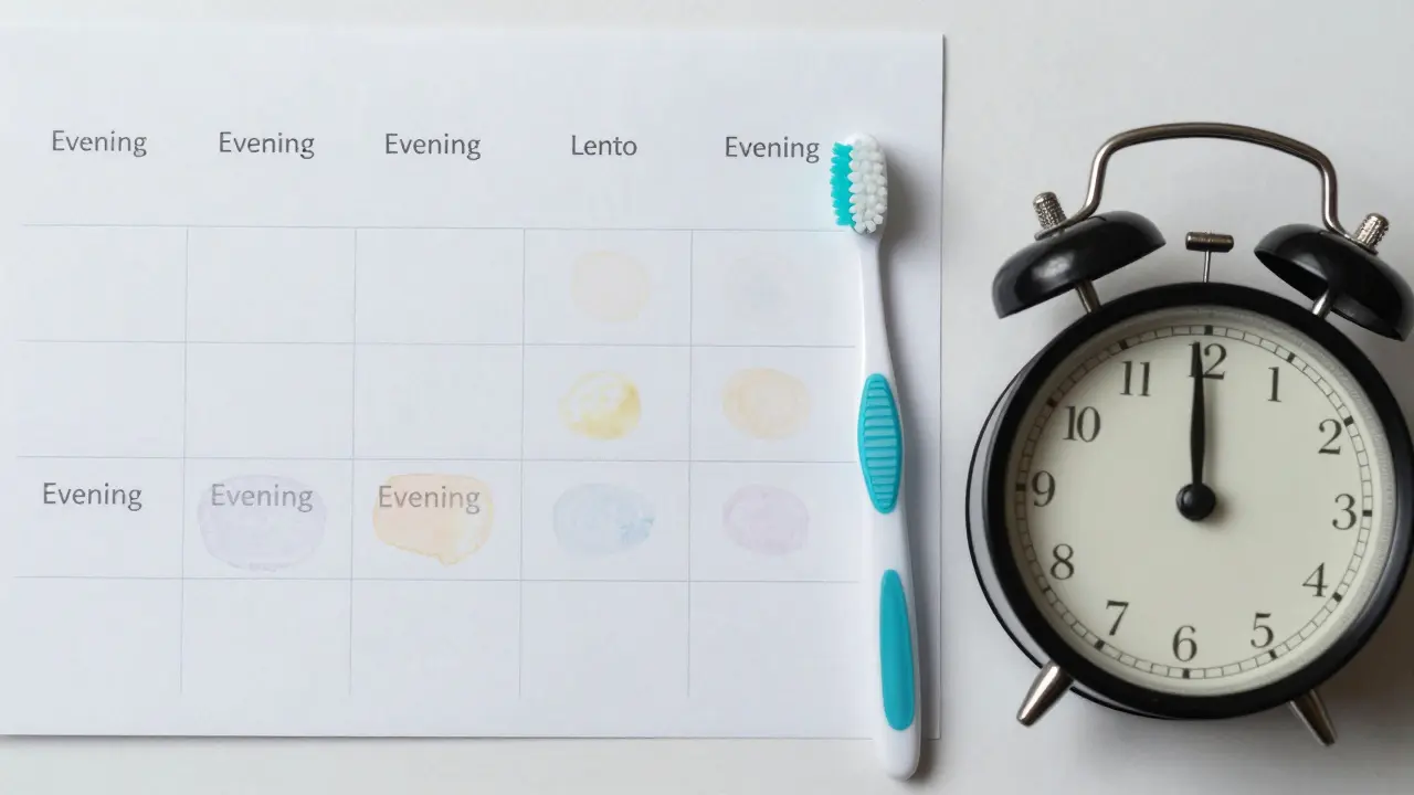 Týdenní kalendář s mezizubním kartáčkem, symbolizující denní pravidelnost čištění mezizubních prostor.