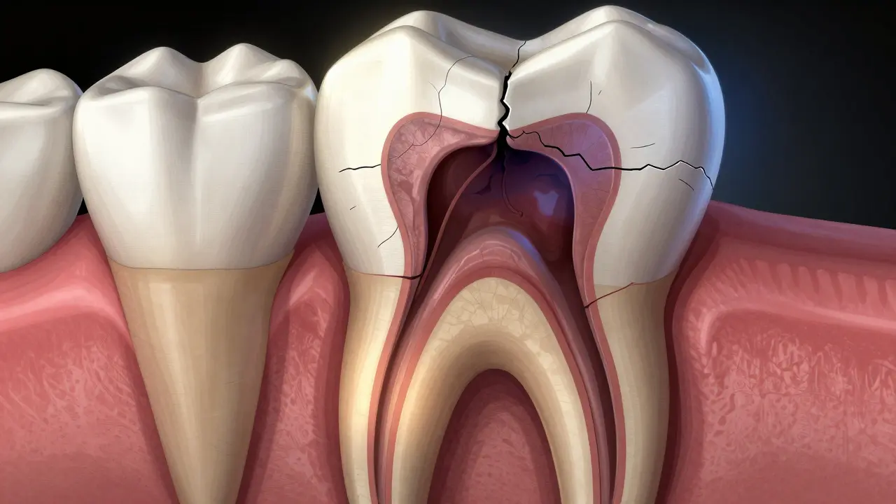 Vnitřní řez zubem ukazuje mrtvý pult a šíření infekce směrem ke kořeni.