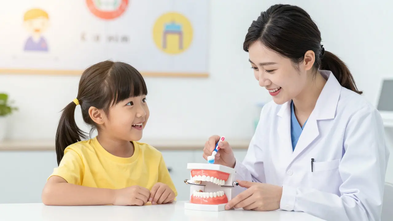 Zubní hygienista učí dítě správnou techniku čištění na modelu zubu.
