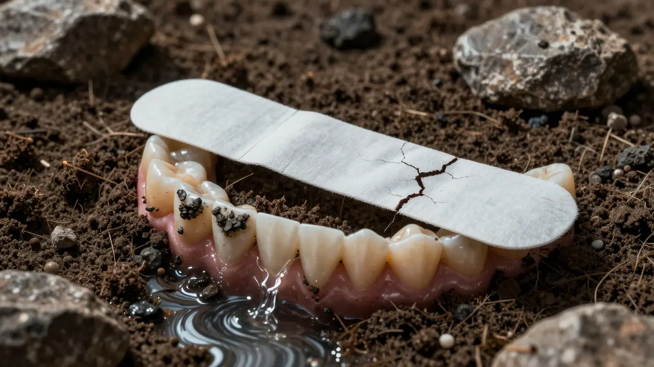 Zubní kámen jako kámen v ústech, zatímco bělicí pásky zakrývají problém.