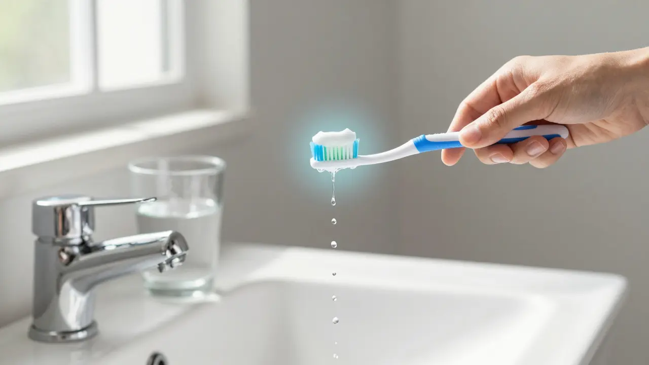 Zubní kartáček a voda symbolizují denní prevenci zubního kazu.