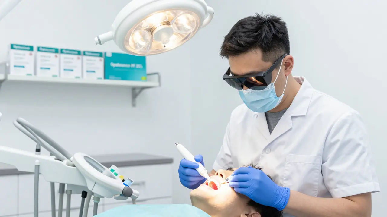 Zubní lékař aplikuje silný bělící gel Opalescence PF 35% na zuby pacienta v ordinaci.