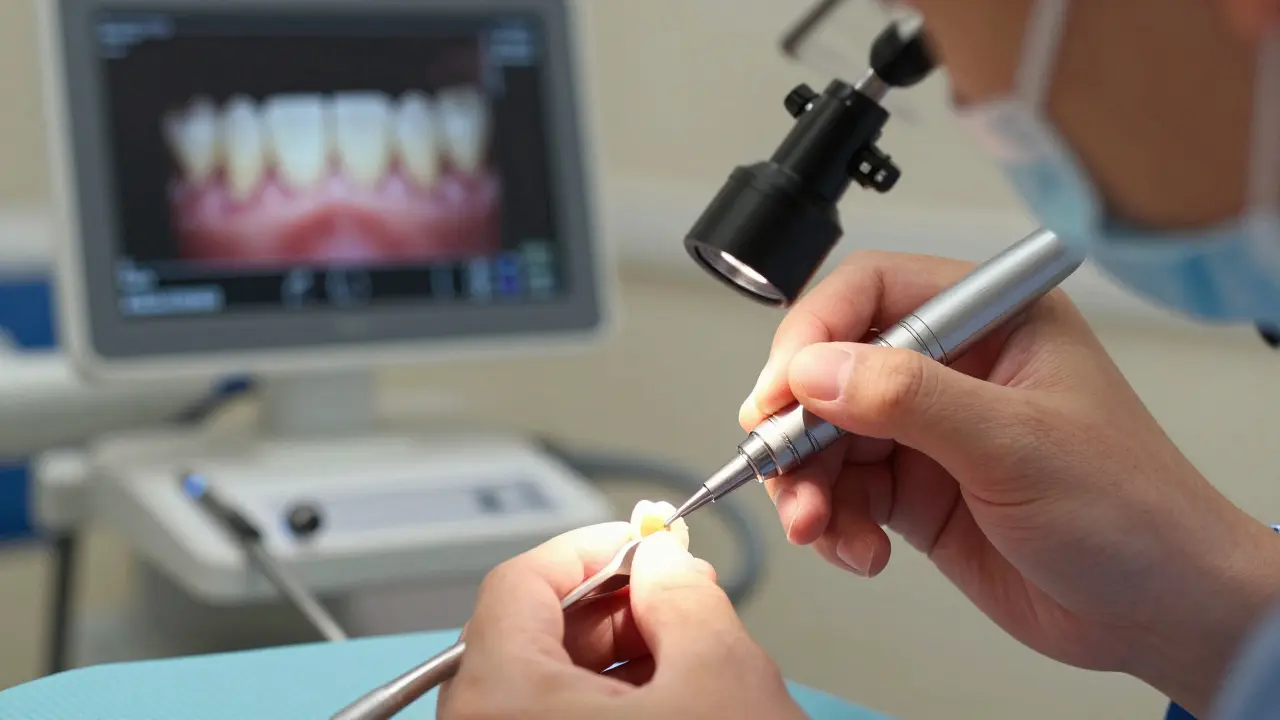 Zubní lékař opravuje malou štěrbinu ve výplni keramické fazety pomocí přesného nástroje a zvětšovacího čočky.