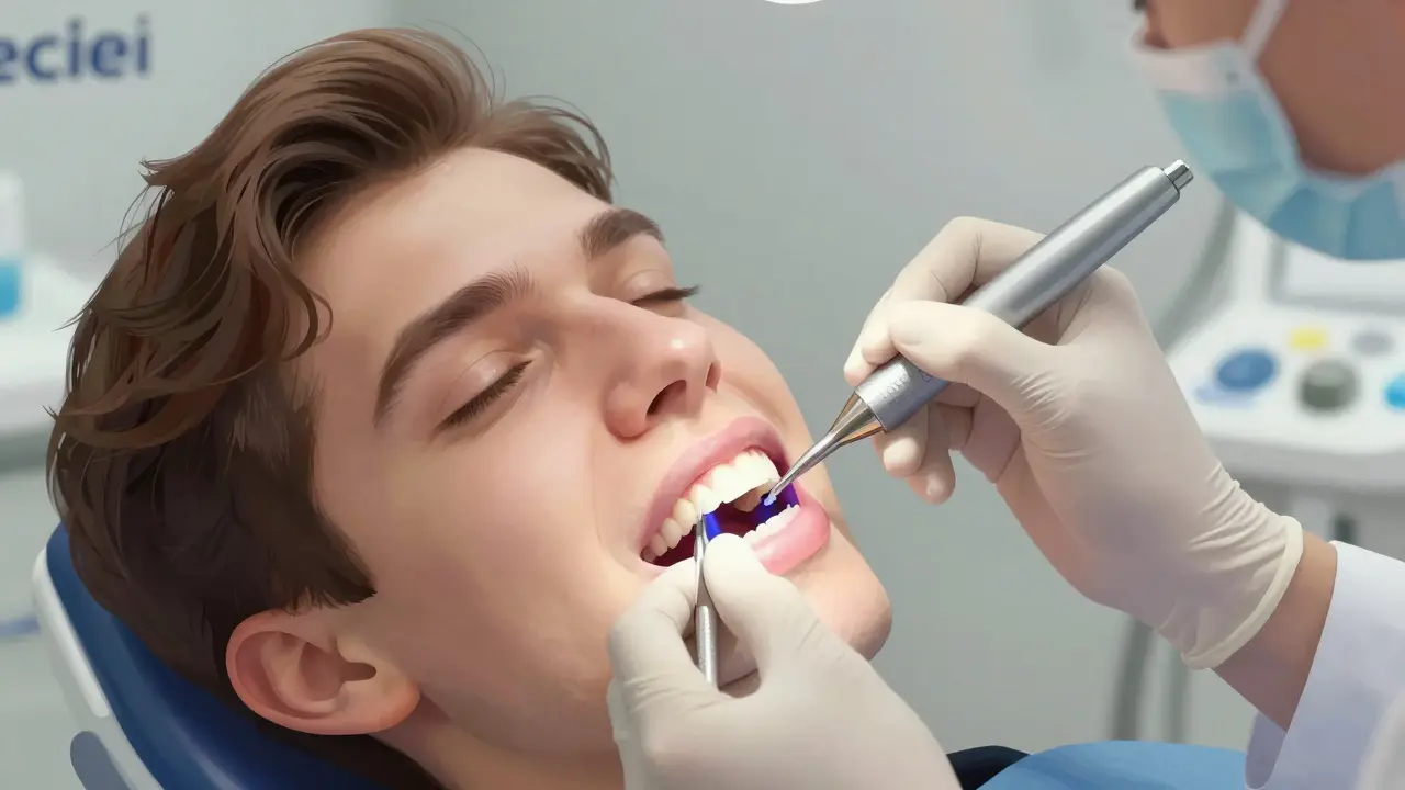 Zubní lékař při aplikaci kompozitního materiálu na zub pod světelným léčicím zařízením v klinice.