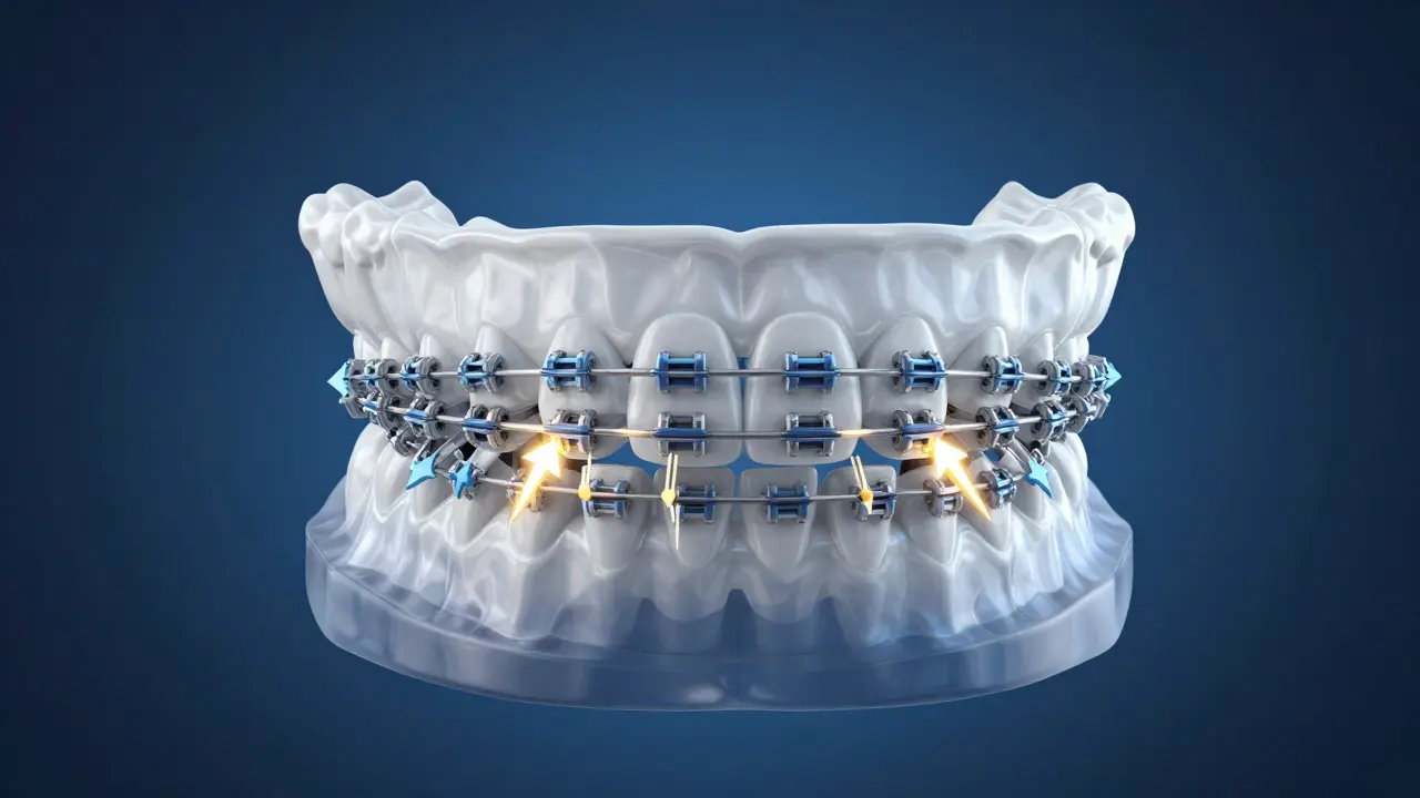 3D ilustrace čelistí s rovnátkými a znázorněním směru tahu elastických pásek.