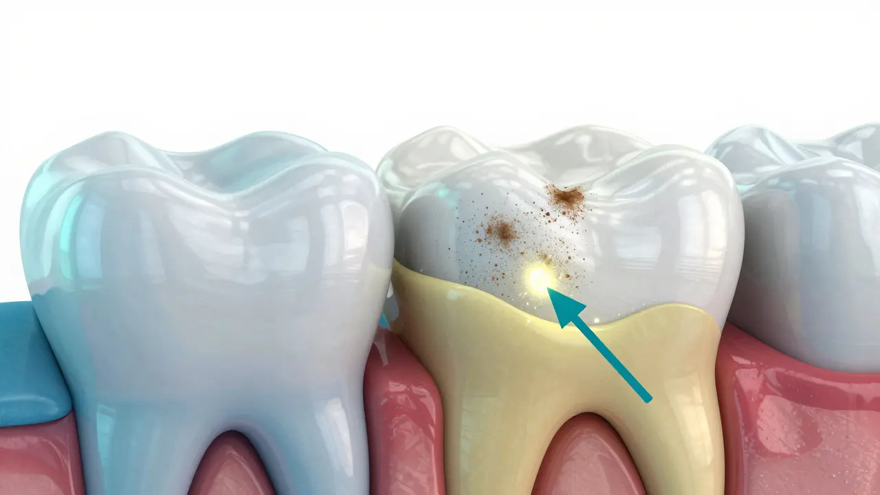 3D ilustrace průřezu zubem znázornující odstranění povrchových skvrn z povrchu skloviny.