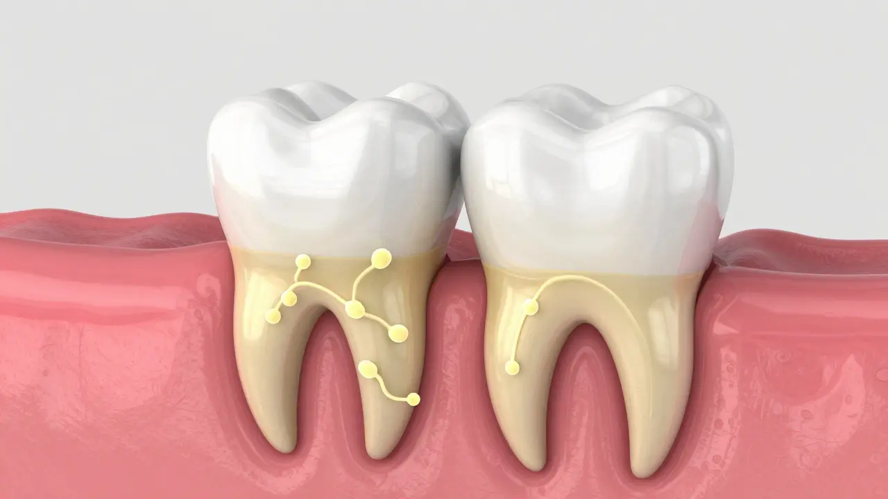 3D ilustrace zubního plaku a bakteriálního biofilmu v dásňové kapse.