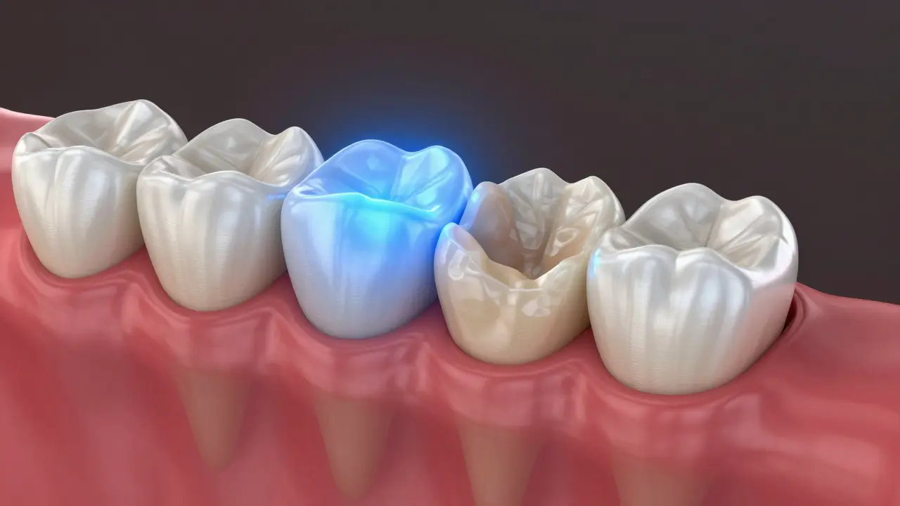 3D model zubu s moderní bílou výplní osvětlenou modrým světlem.