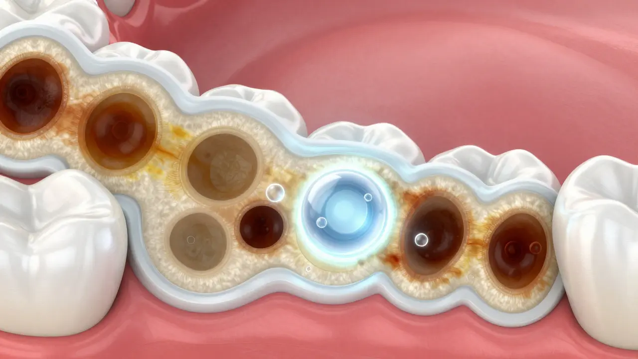 3D vizualizace procesu odstraňování pigmentů z zubní skloviny.