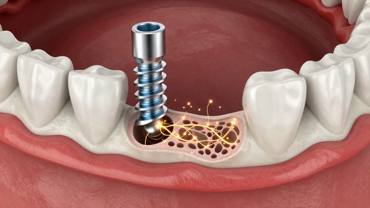 3D vizualizace procesu vrůstání zubního implantátu do čelistní kosti.