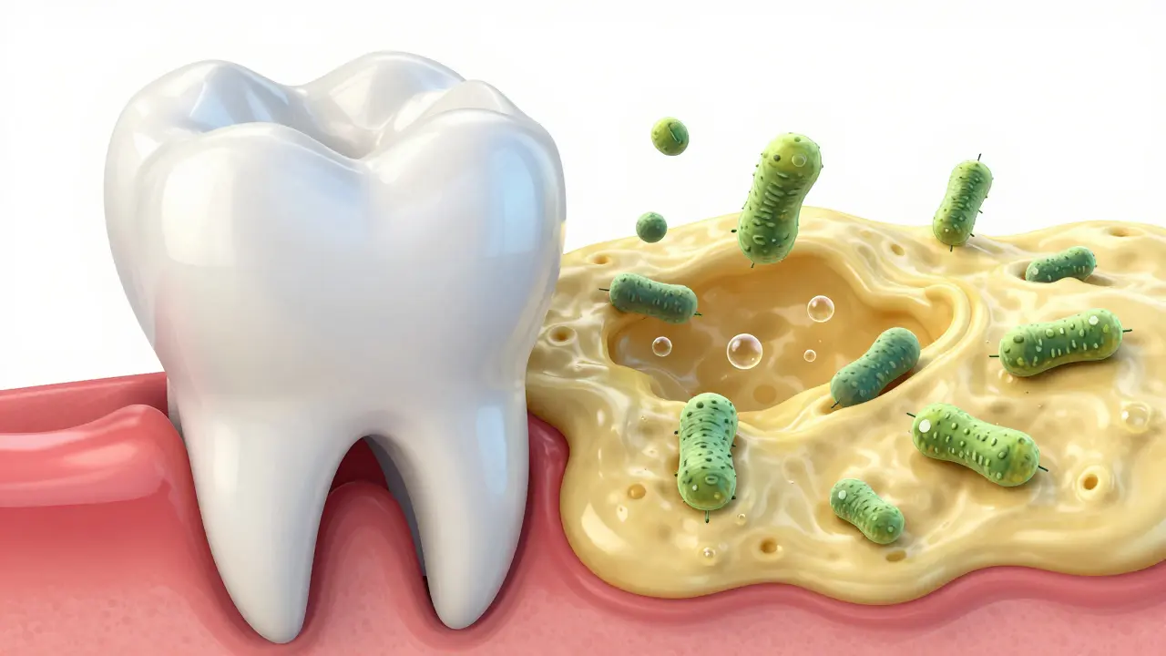 3D vizualizace procesu vzniku zubního kazu a působení plaku na sklovinu zubu.