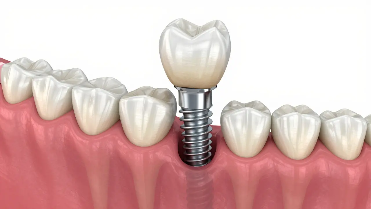 3D vizualizace titanového implantátu v čelistní kosti s korunkou.