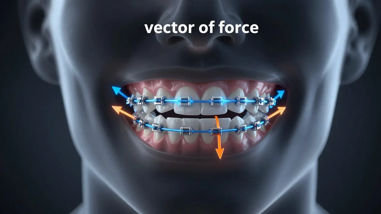3D vizualizace tlaku a směru tahu gumiček mezi horní a dolní čelistí.