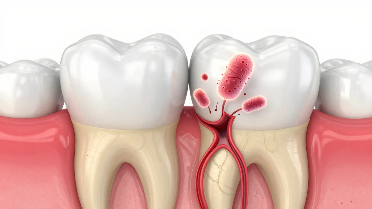 Anatomický průřez zubu ukazující prázdnou dutinu a hrozbu bakterií.