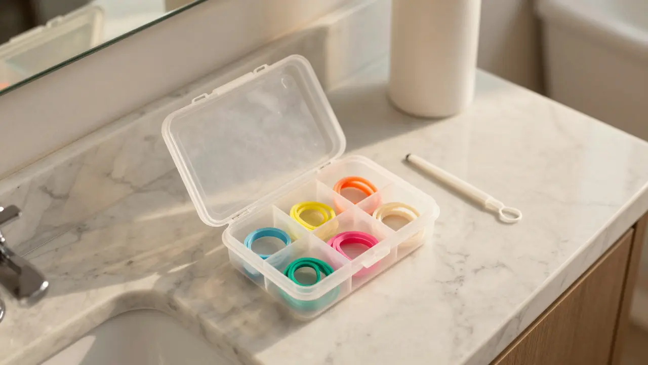 Balení náhradních ortodontických gumiček a pomůcka s háčkem na koupelnovém stole.