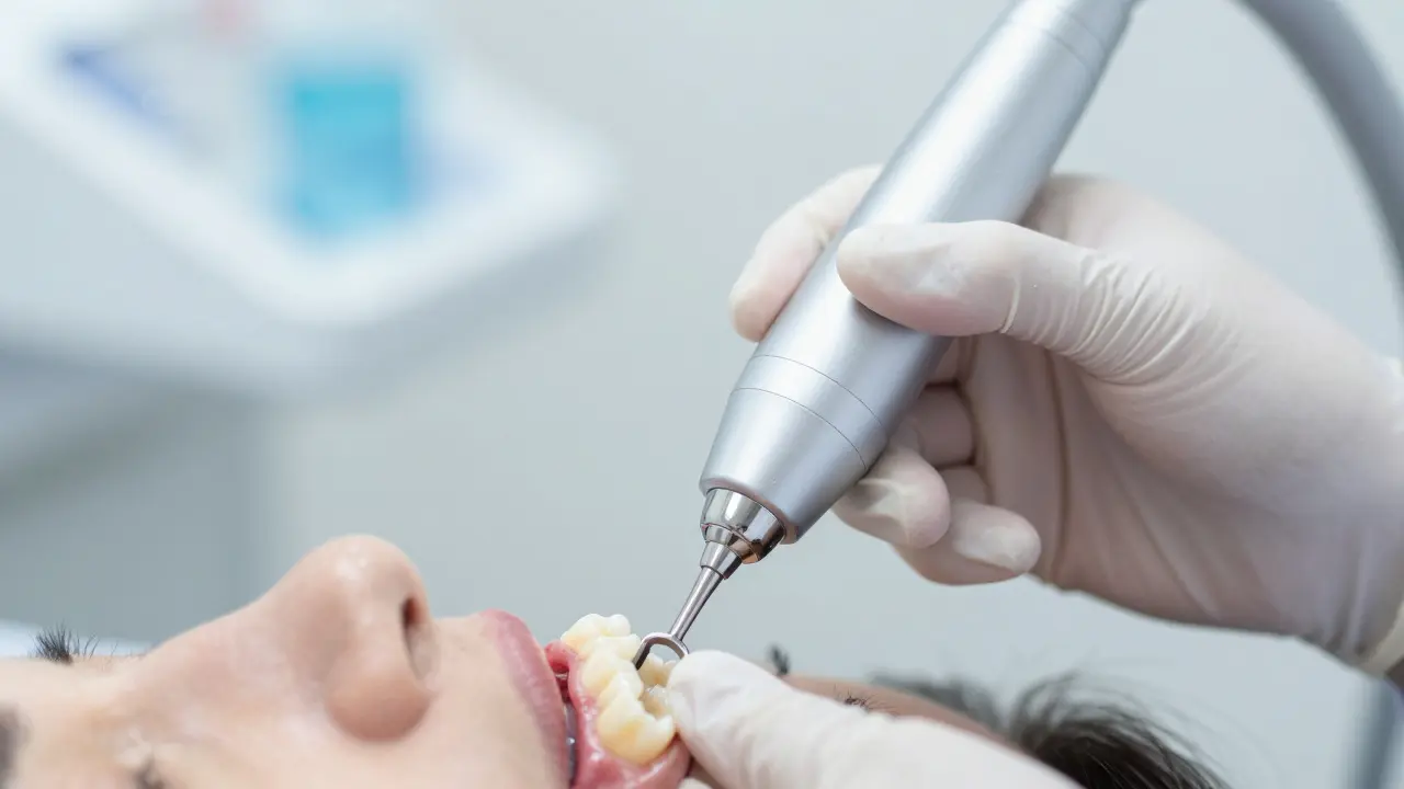 Detail profesionálního hloubkového čištění zubů ultrazvukem.