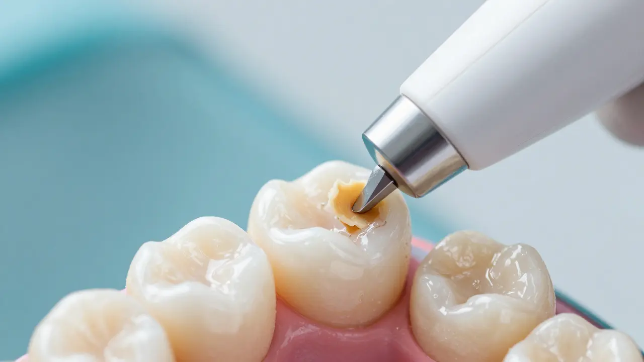 Detail profesionálního odstranění zubního kamene pomocí ultrazvukového přístroje.