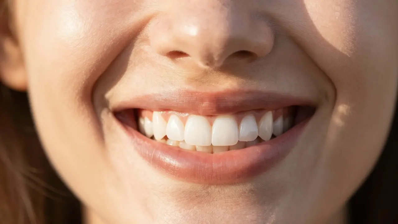 Detail sebevěroleho úsměvu s perfektně bílými a rovnými zuby.