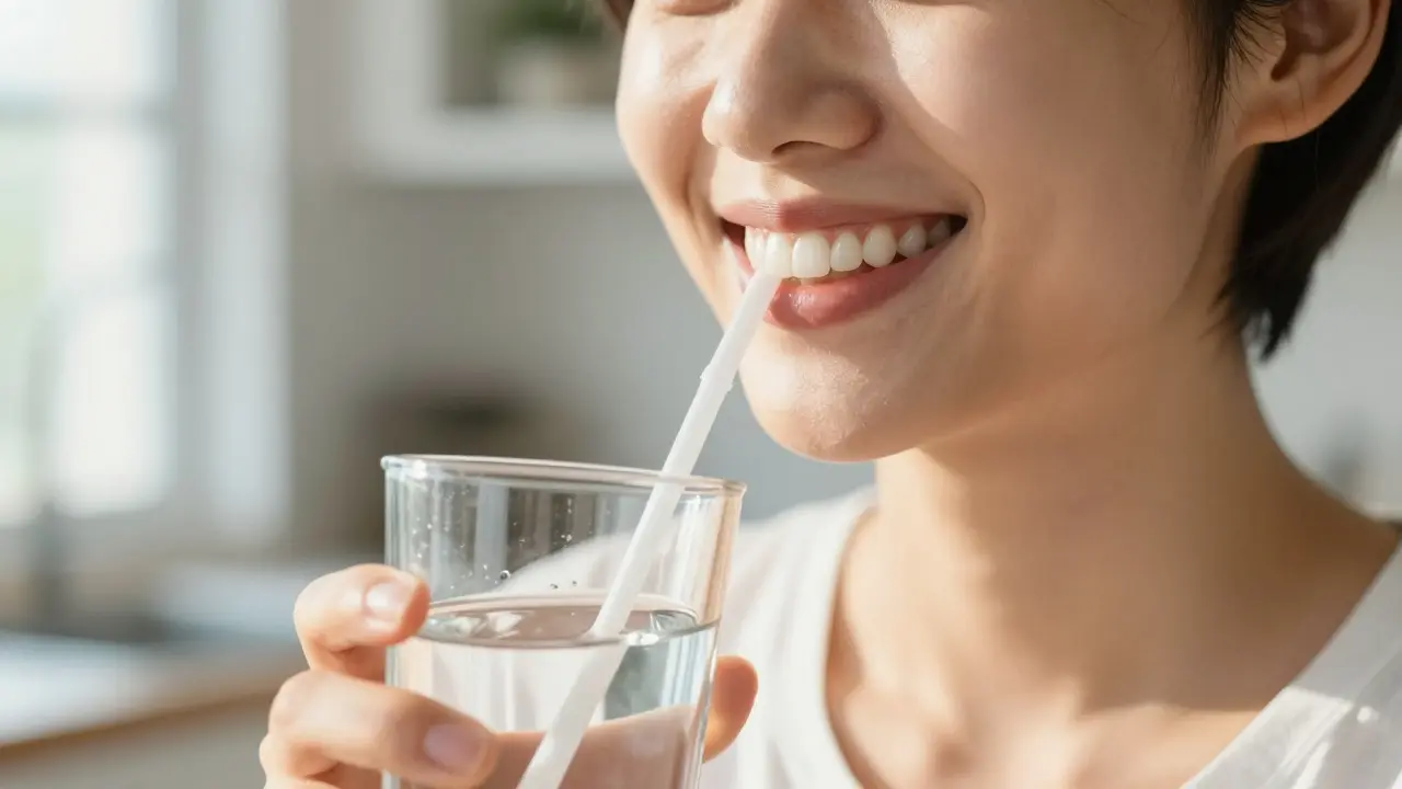 Detail šťastného úsměvu s přirozeně bílými zuby v přirozeném světle.