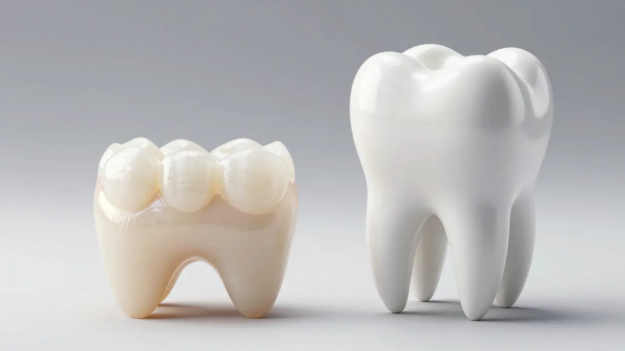 Detailní 3D model zubu s ukázkou keramické fazetky a kompozitní výplně.