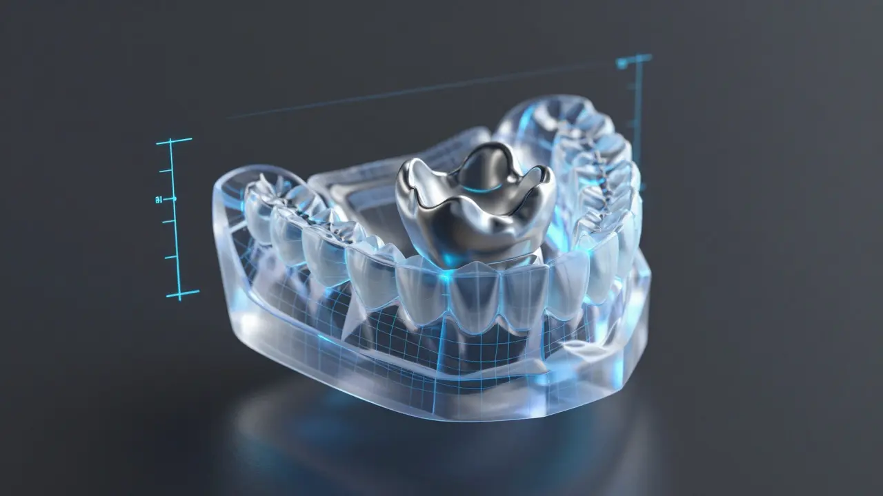 Digitální 3D model čelistí a zirkonového zubu v CAD/CAM systému.