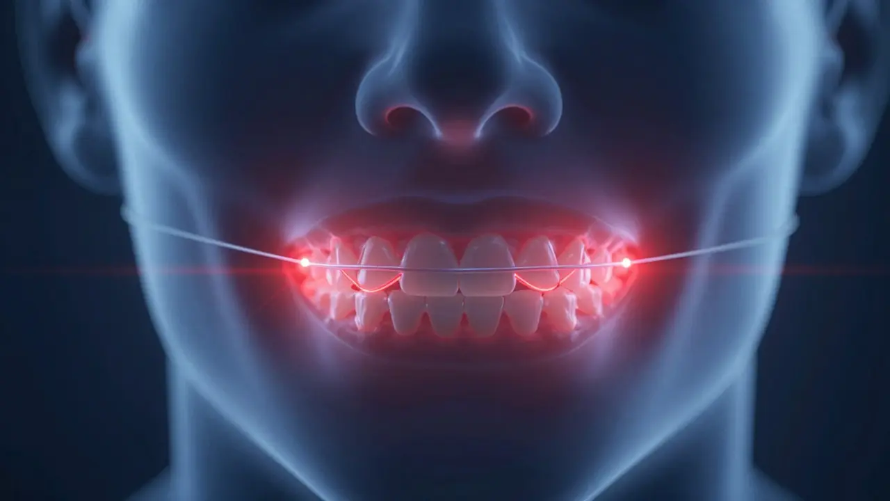 Konceptuální ilustrace tlaku a napětí v čelisti při nošení gumiček.