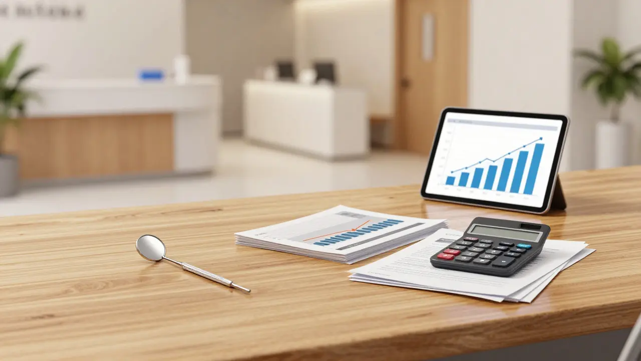 Konceptuální obraz kombinující zubní nástroje a podnikatelské dokumenty.