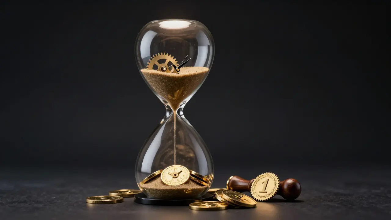 Konceptuální obraz přesýpacích hodin proměňujících čas v zlaté mince a expertízu.