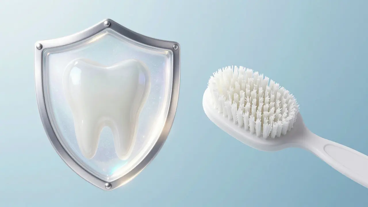 Konceptuální obraz symbolizující rovnováhu mezi bělením zubů a ochranou skloviny.