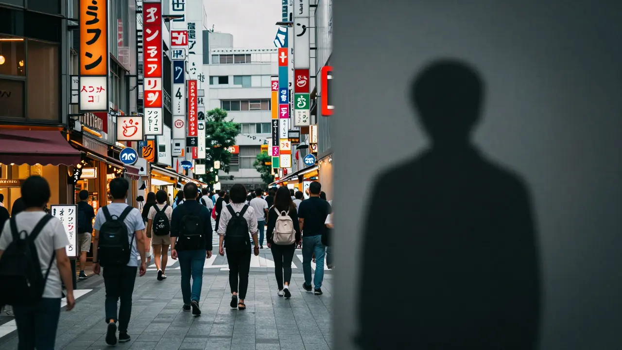 Konceptuální obraz znázornující pocit izolace a nejistoty uprostřed tokijského davu.