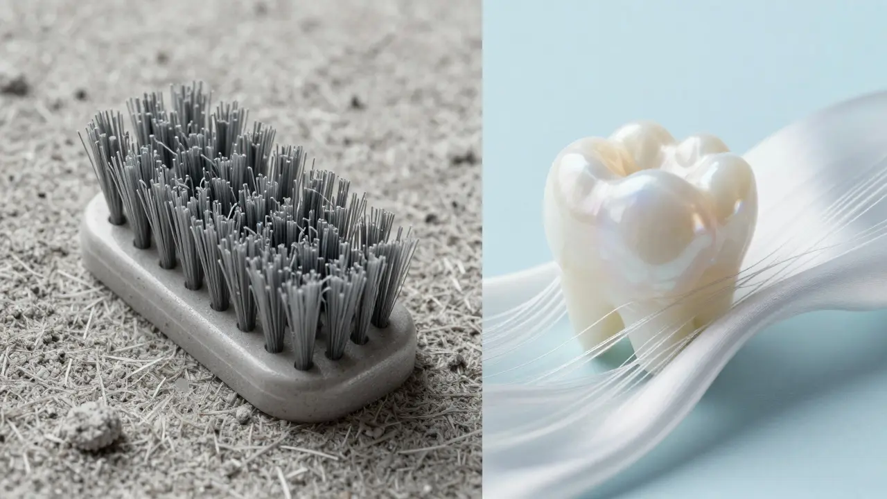 Konceptuální srovnání drsných nylonových štětin a jemného hedvábí.