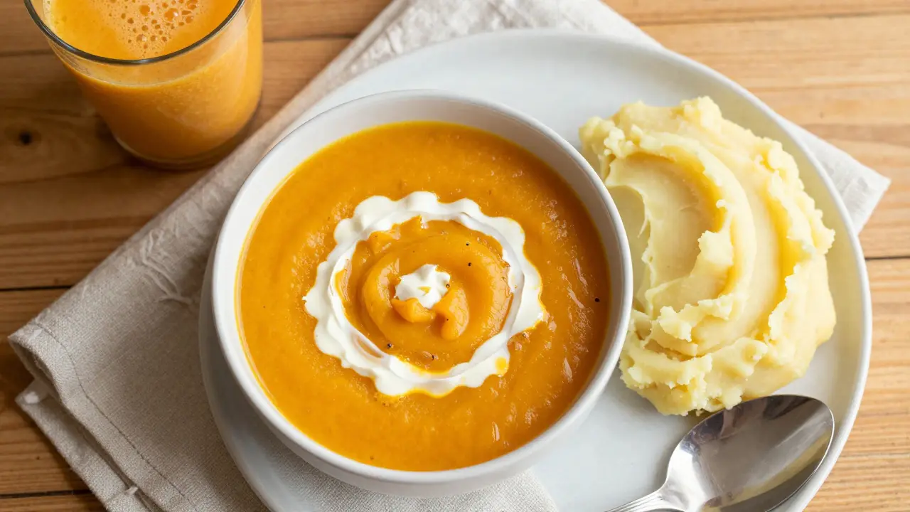 Miska krémové polévky a kaše z brambor jako měkká strava.