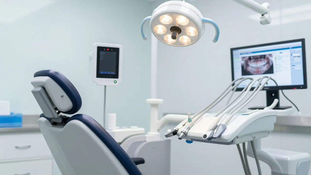 Moderní zubní jednotka s ergonomickým křeslem a LED lampou v surgery.