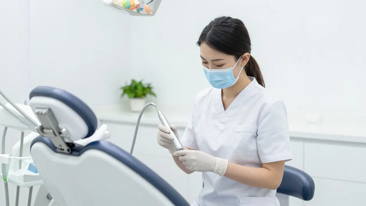 Moderní zubní ordinace s vybavením pro profesionální čištění zubů.