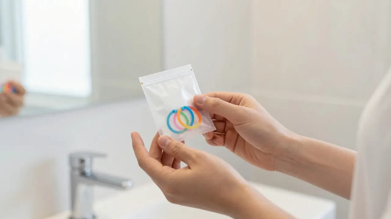 Ruka drží náhradní balení ortodontických gumiček v koupelně.