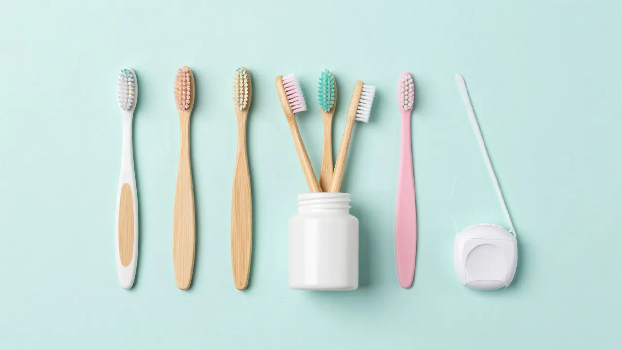 Sada pomůcek pro komplexní dentální hygienu: kartáčky, nit a stěrka na jazyk.