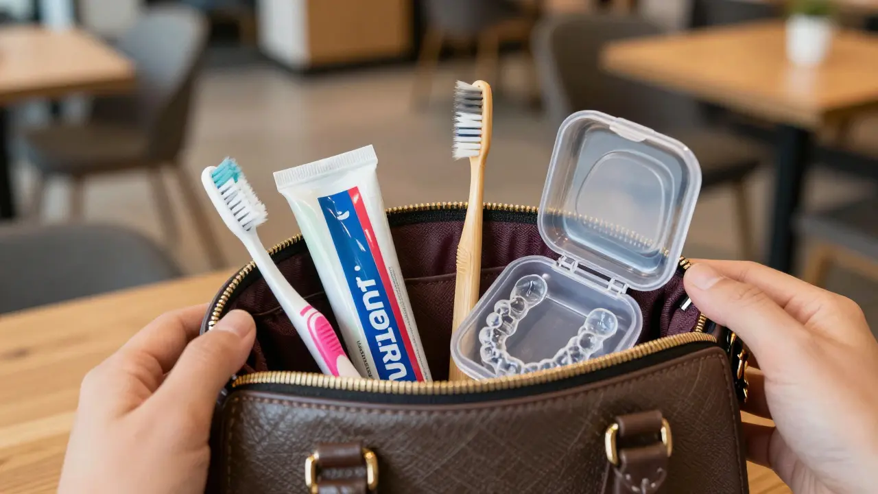 Sada pro čištění zubů a ochranný box s alignery v moderní tašce.