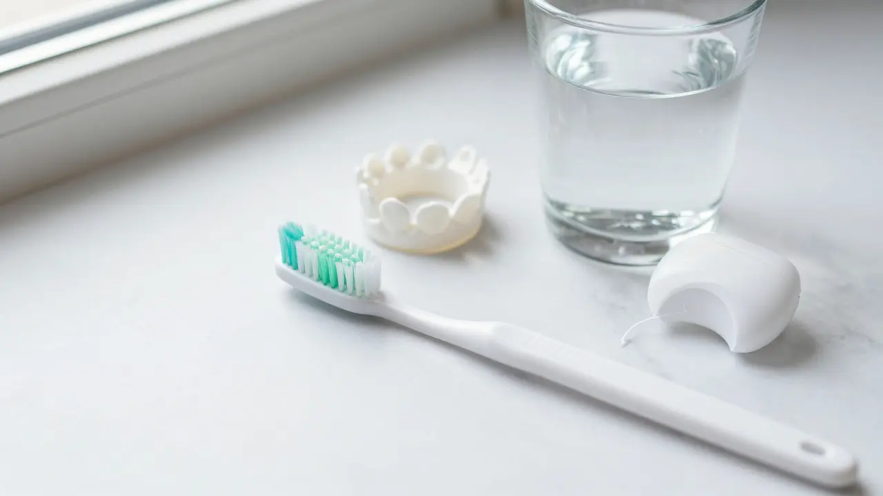 Sada pro hygienickou péči o zuby s keramickou korunkou na mramoru.