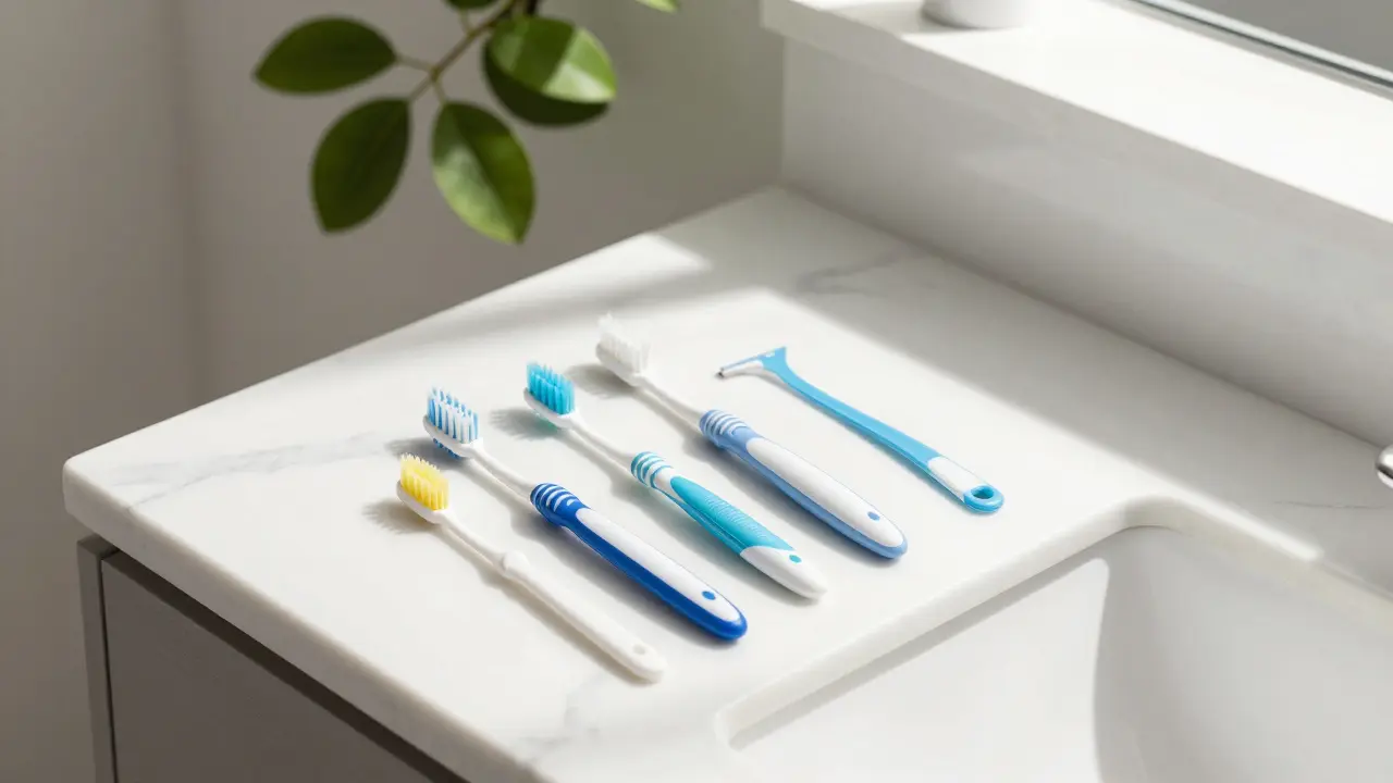 Sada produktů Curaprox včetně kartáčků a mezizubních pomůcek na mramorovém povrchu.