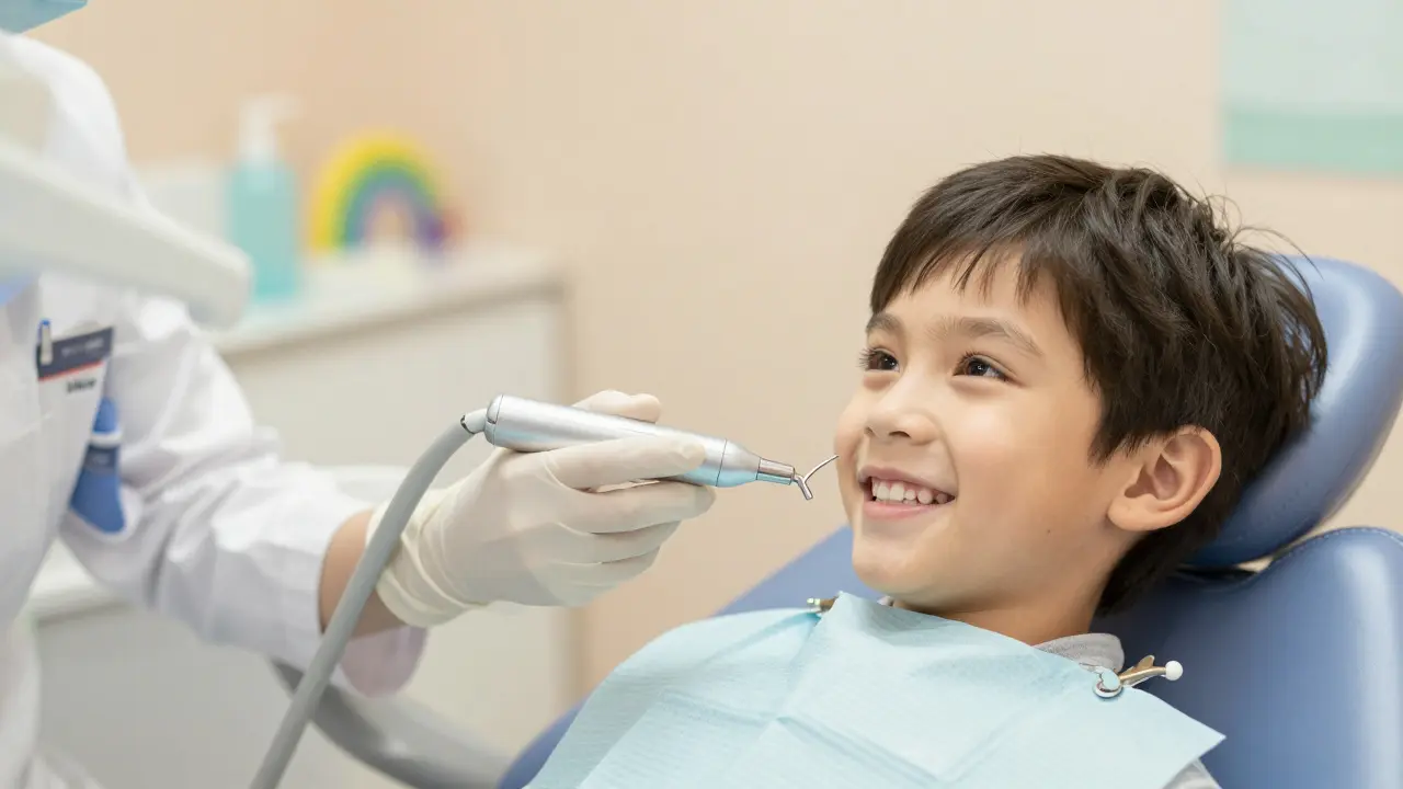 Šetrné hloubkové čištění zubů u dítěte prováděné dentální hygienickou sestrou.